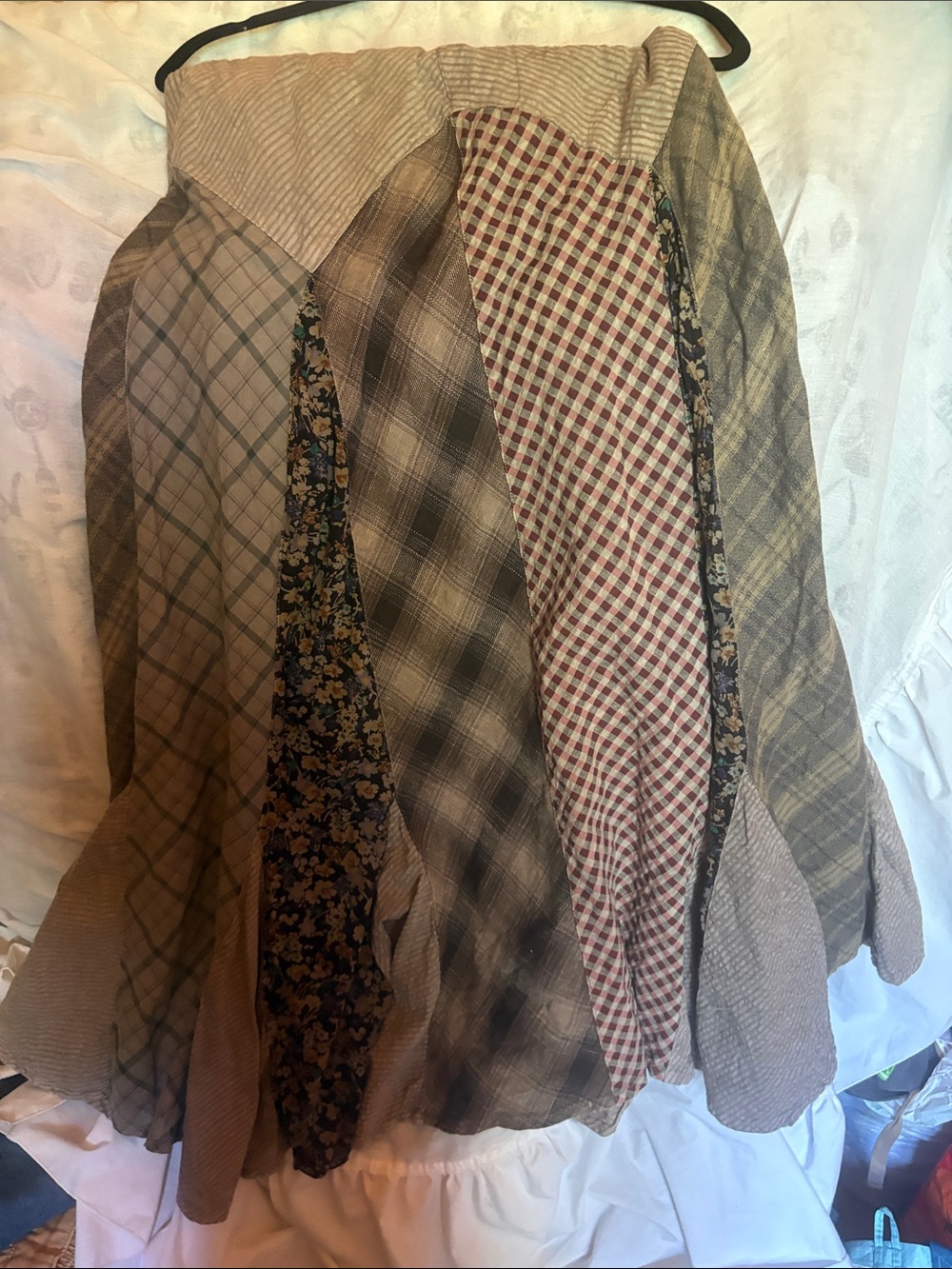 Boho YT Patchwork Maxi Skirt in Beige and Brown Plaids size S 13”waist.
